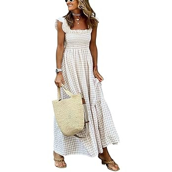 chouyatou Women's Retro Plaid Smocked Dress Spaghetti Strap Flounce Long Dress | Amazon (US)