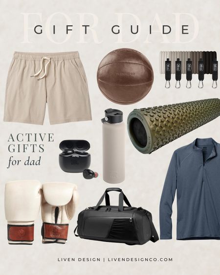 Father's Day gift guide. Gift for him. Dad gifts. Gift ideas for dad. Active Gift. Fitness gift. Men's shorts. Men's active clothes. Boxing gloves. Earbuds. Resistance bands. Water bottle. Exercise. Workout. Massage body roller. Under $50. 

#LTKGiftGuide #LTKActive #LTKmens