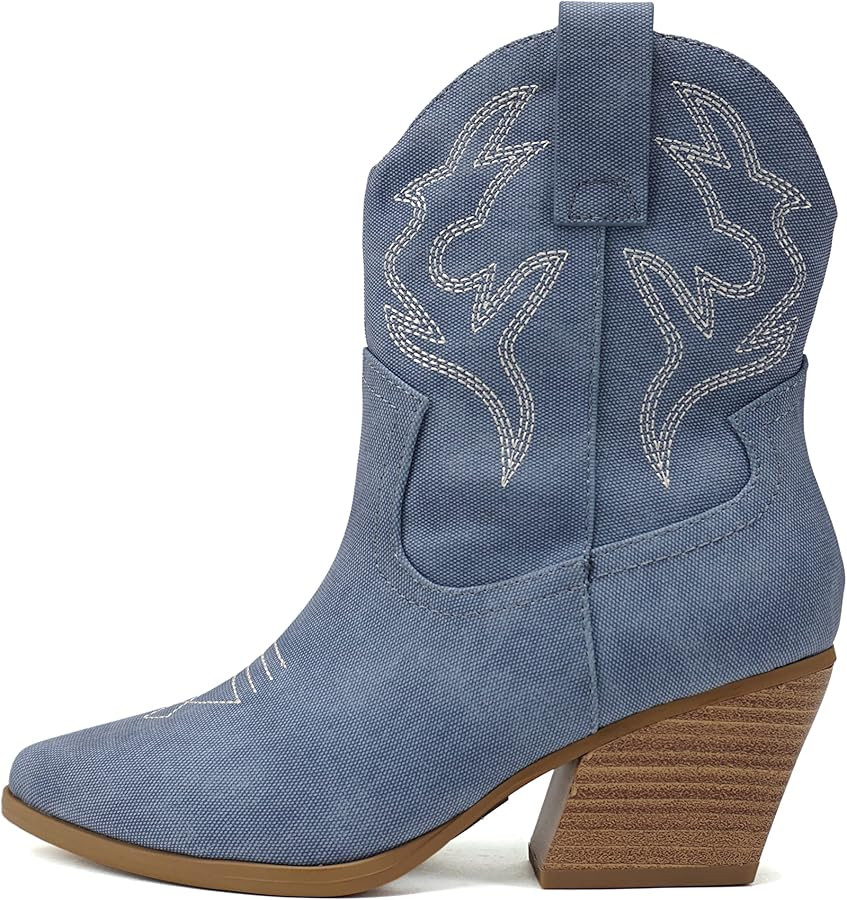 Soda “BLAZING” ~ Women Western Stitched Pointe Toe Low Heel High Top Ankle Shaft Boot Bootie | Amazon (US)