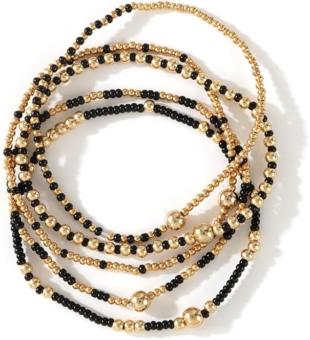 5PCS Dainty Gold Beaded Stack Bracelets for Women,Handmade Boho Colorful Beads Ball Stackable Bra... | Amazon (US)