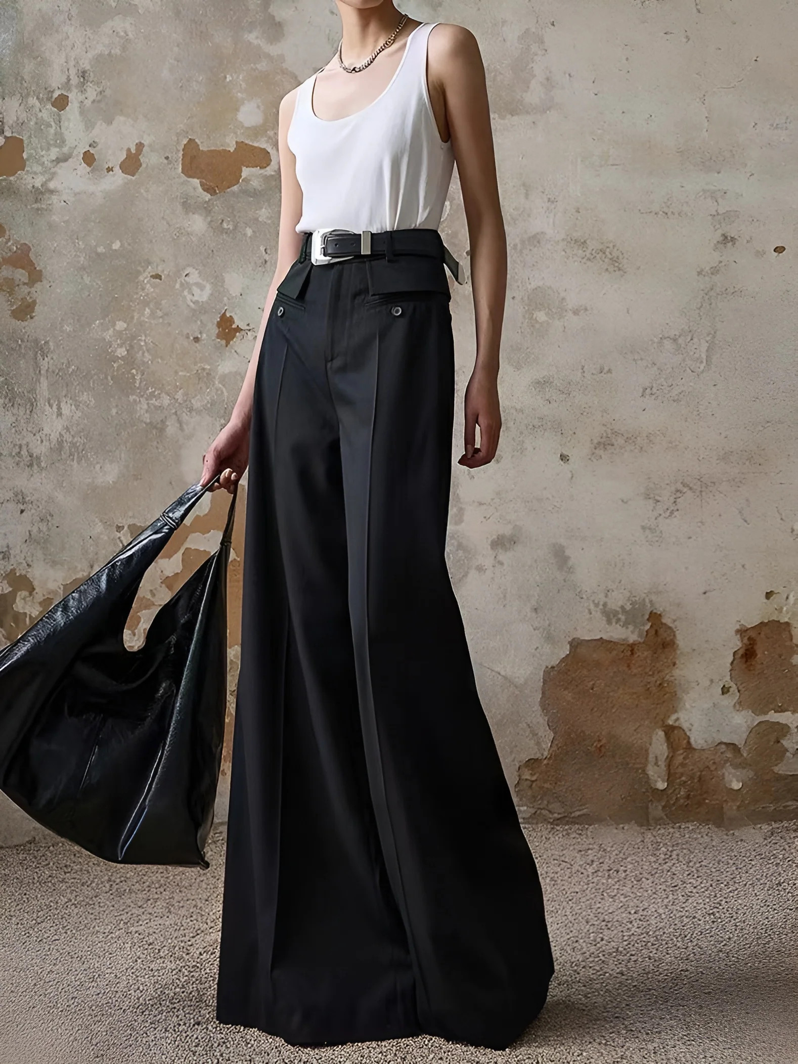 High-Waist Piping Bell Pants Without Belt | Commense