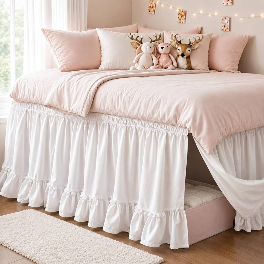 Breling White Ruffled Dorm Bed Skirt Twin XL 42 Inch Long Bed Skirt Dorm Solid Silky Fabric Machi... | Amazon (US)