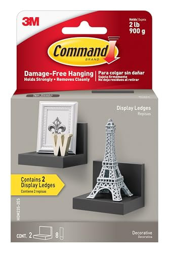 Command Display Ledges, Holds up to 2 lb, Slate, 2 Ledges with 8 Medium Command Strips, Damage Free Hanging Floating Shelf with Adhesive Strips, Personalize Living Room, Bedroom, Kids Room or Office | Amazon (US)