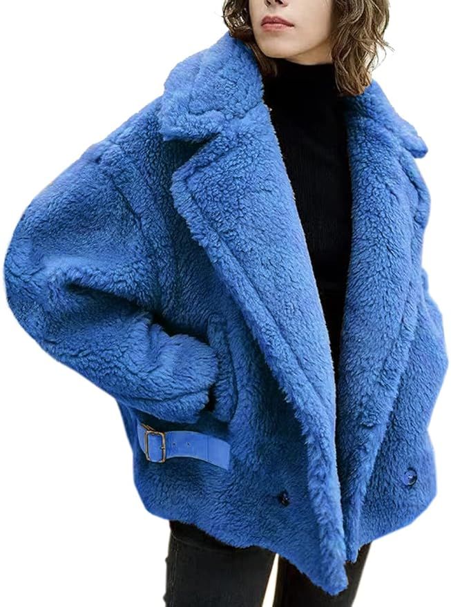 FLAVOR Women's Wool Teddy Coat Oversized Motorcycle Warm Winter Shearling Jacket Fur Fuzzy | Amazon (US)