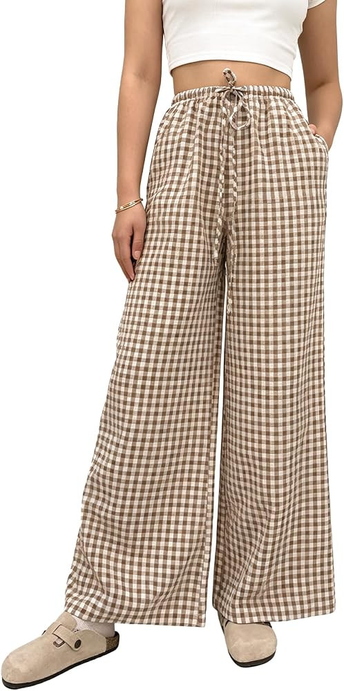 Duyang Women's Striped Gingham Pants Wide Leg Lounge Pant Casual Plaid Bottoms Checkered Elastic ... | Amazon (US)