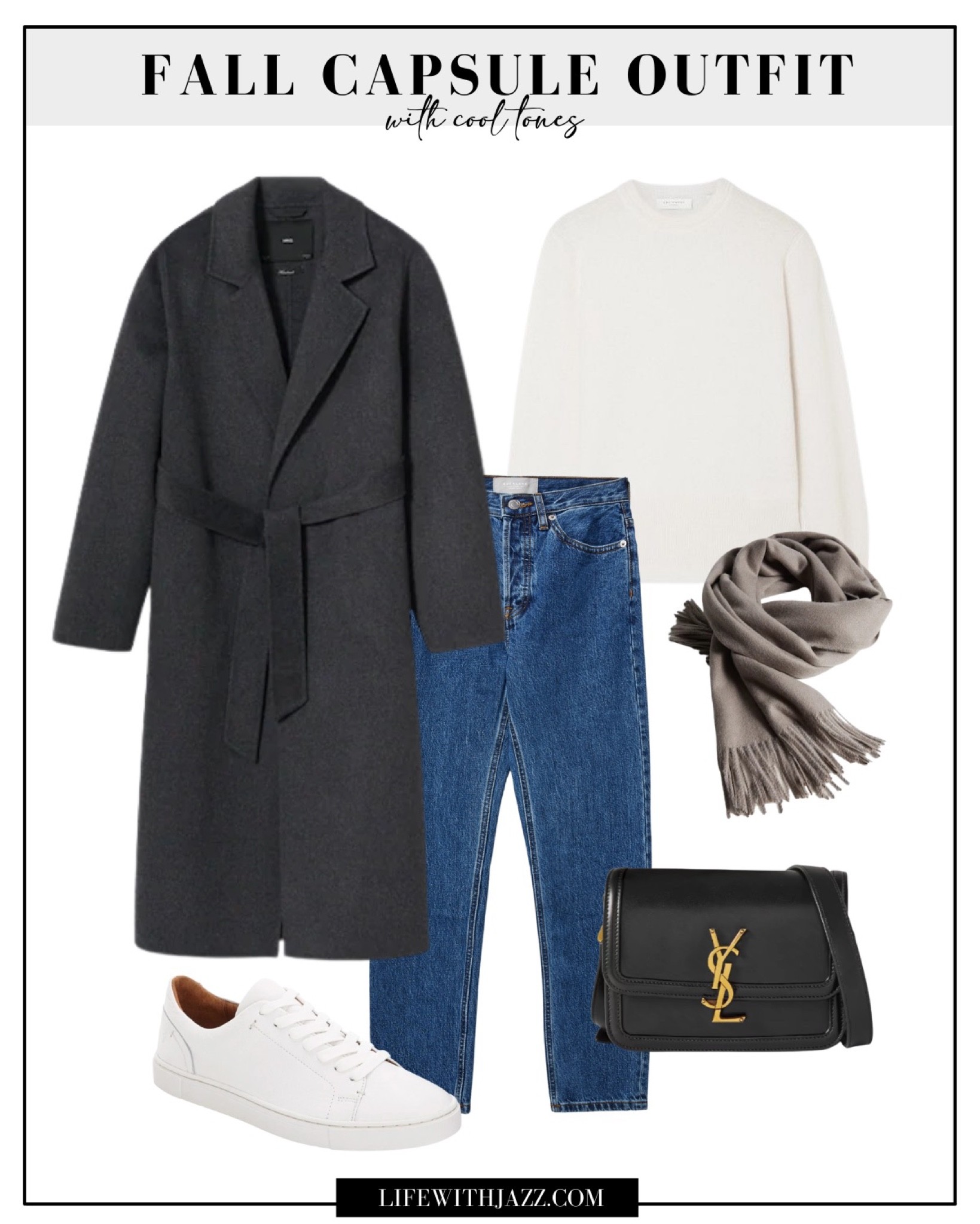 Fall capsule outfit with cool tones 

Wool coat / cashmere sweater / cotton jeans / white sneakers / soft scarf / YSL leather tote 

#LTKunder100 #LTKSeasonal #LTKstyletip