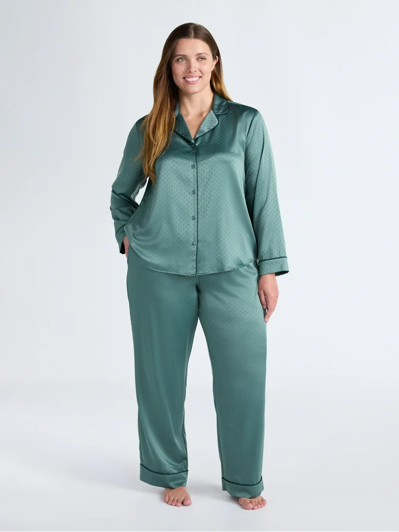 Joyspun Women’s Stretch Satin Notch Long Sleeve Top and Pants Pajama Set, 2-Piece, Sizes XS-3X | Walmart (US)