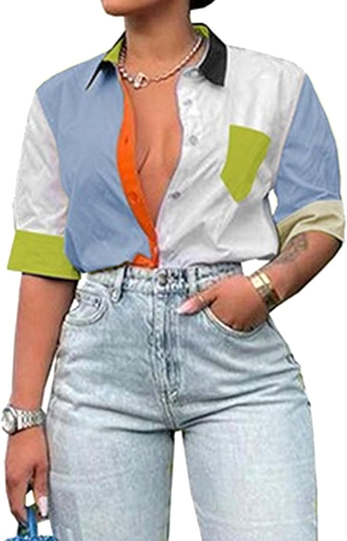 Womens Shirts Color Block Short Sleeve Summer Causal Blouses Tops Fashion 2025 Trendy Clothes | Amazon (US)