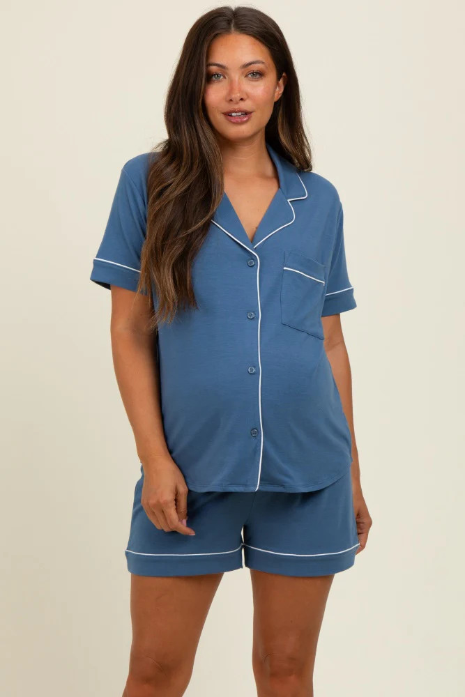 Dusty Blue Short Sleeve Button Down Shirt Shorts Maternity Set | PinkBlush Maternity