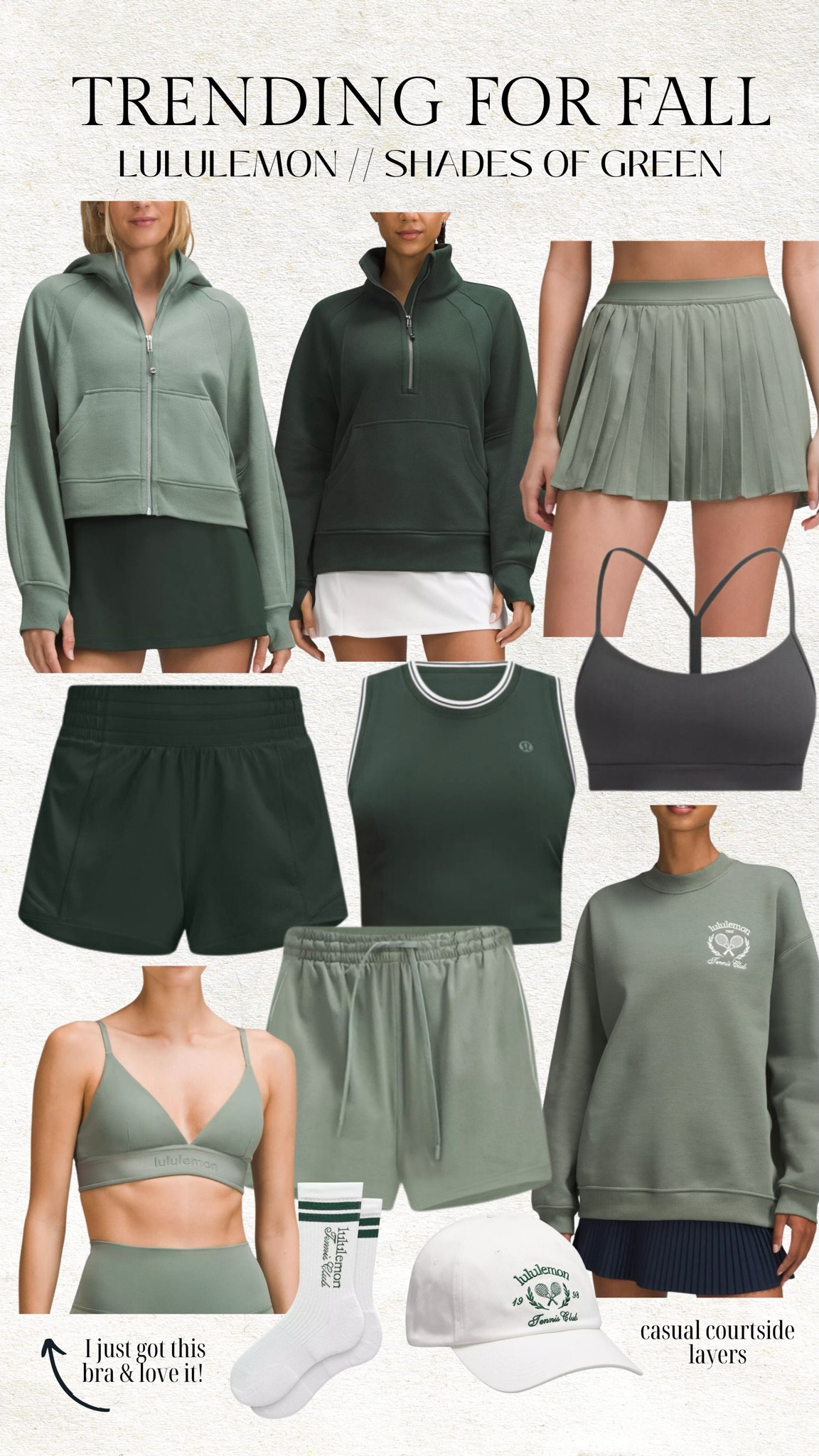 Trending for fall - lululemon new arrivals - shades of green 🤍 

Lululemon, Lulu new arrivals, tennis skirt, sports bra, workout shorts, gym shorts, scuba hoodie, pickleball skirt, Lululemon socks, Lululemon hat, green scuba hoodie, athleisure outfit, Christine Andrew 

#LTKFindsUnder100 #LTKActive #LTKFitness