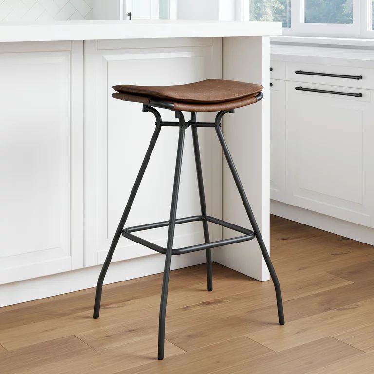 Nathan James Dominique Industrial Backless Kitchen Bar Stool with Brown Leather Saddle Seat and M... | Walmart (US)
