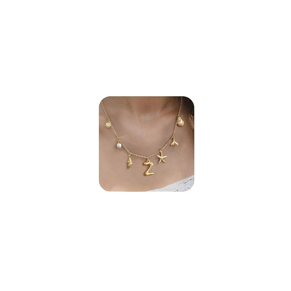 Gold Initial Charm Necklace for Women 14K Gold Plated Boho Beach Surfer Necklaces Dainty Seashell... | Amazon (US)