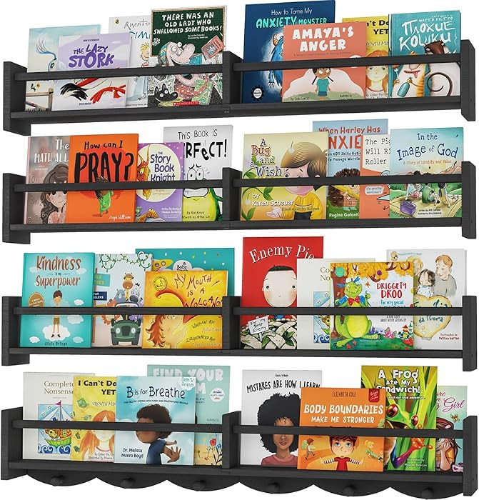 34Inch Nursery Bookshelves,Set of 4,Wall Floating Shelf Kids Coat Rack with 6Hooks,Hanging Book S... | Amazon (US)