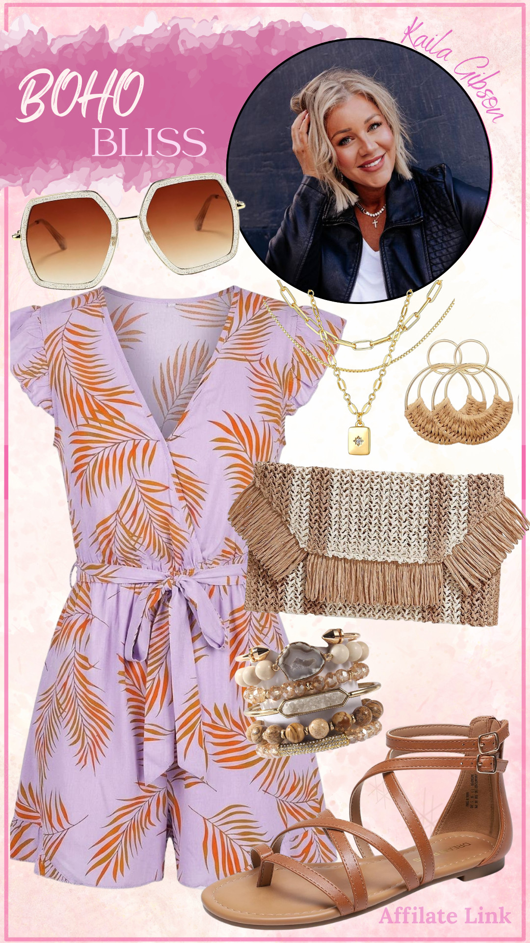 Vacay mode: ACTIVE! 🥥✨ Loving this lilac palm print romper for those "too hot to think" days. Paired with textured straw accessories for the ultimate boho feel. 🌴

#bohobohemian #summerstyle #amazonfinds 

 #LTKSpringSale #LTKootd #LTKSeasonal