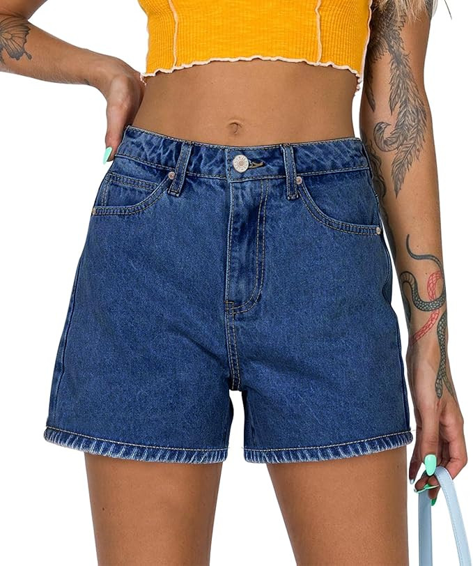 onlypuff Women's Ripped Mid Waisted Denim Shorts with Pockets | Amazon (US)