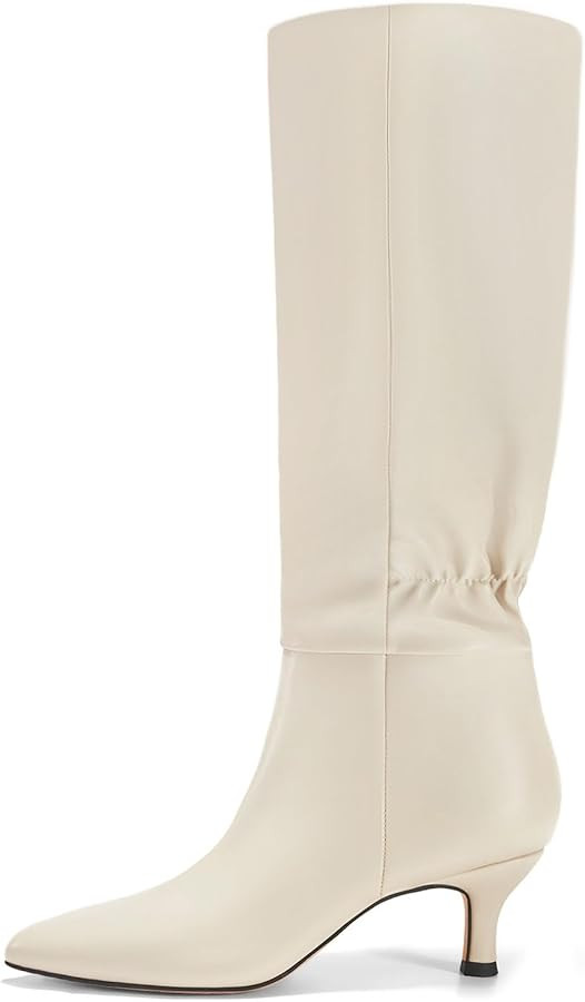 Coutgo Womens Kitten Heel Knee High Boots Pointed Toe Tall Boots Pull On Winter Dress Long Boot S... | Amazon (US)