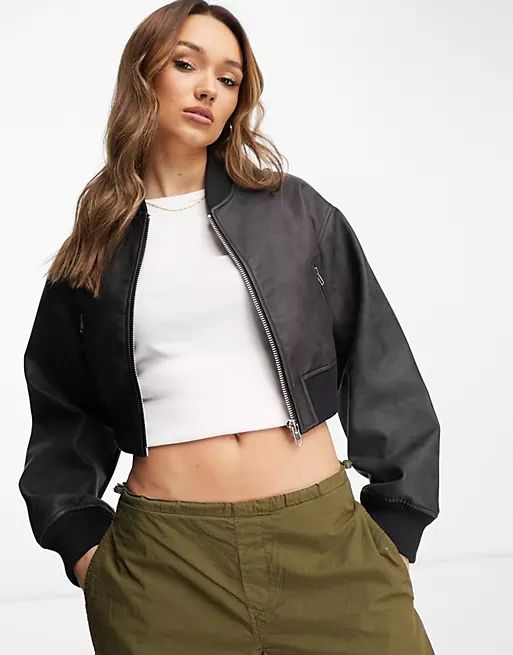 ASOS DESIGN washed faux leather cropped bomber jacket in black | ASOS (Global)