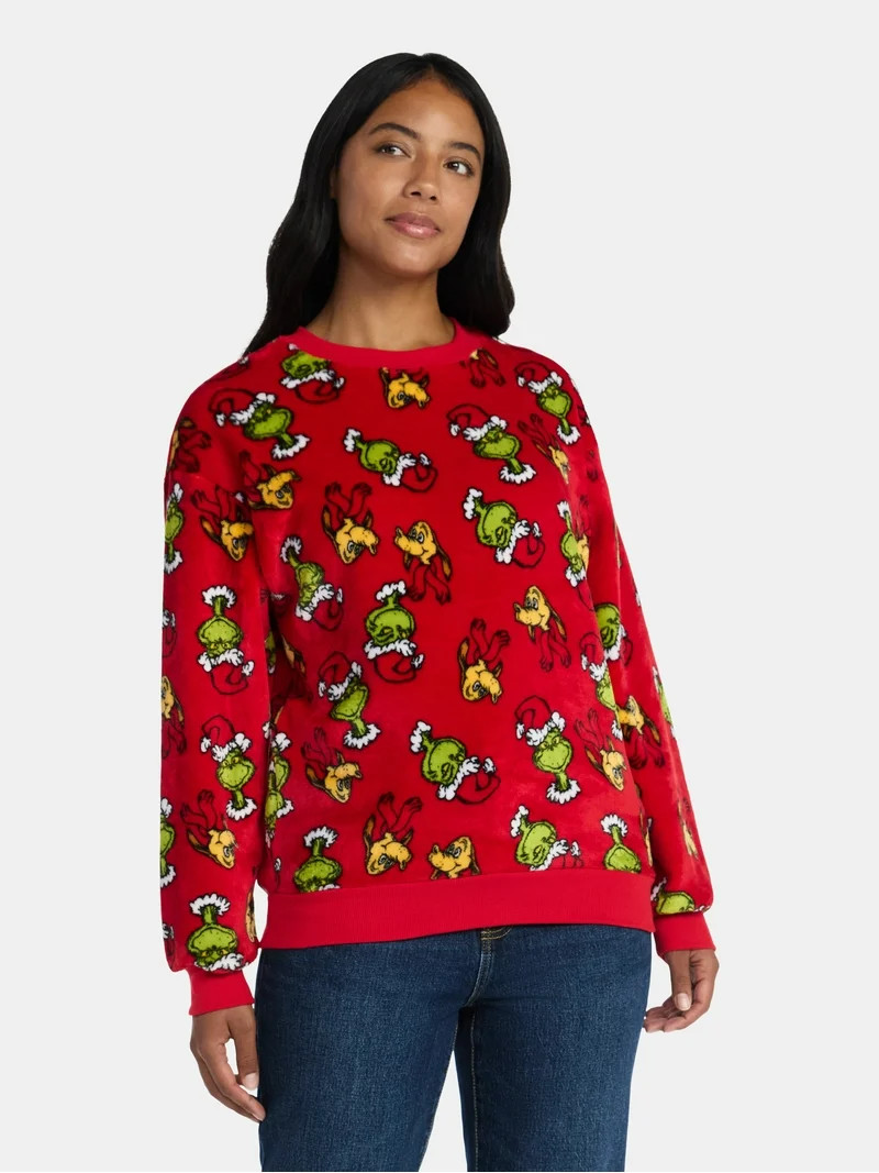 Dr. Seuss The Grinch Women's Print Plush Sweatshirt with Long Sleeves, Sizes XXS-XXL | Walmart (US)