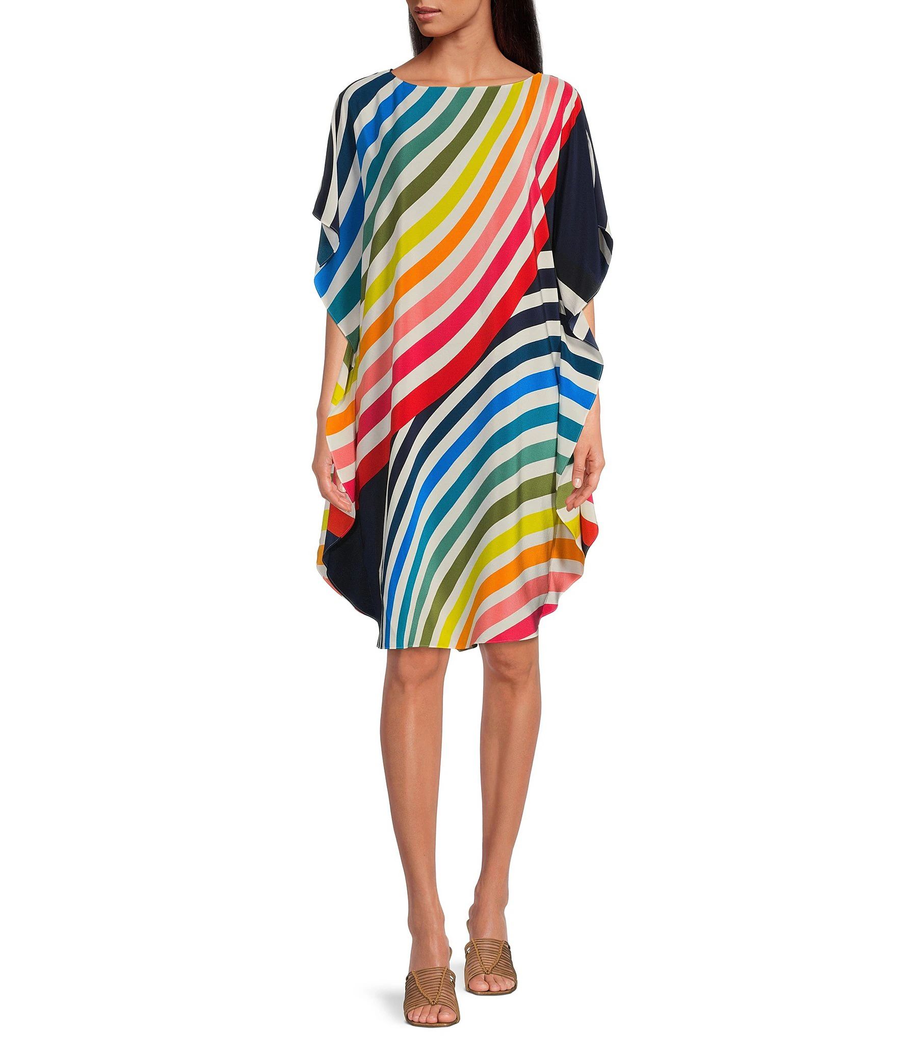 Global Colorful Stripe Print Silk Round Neck Short Sleeve Waistless Caftan Dress | Dillard's