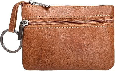 Brown Small Leather Coin Purse Change Pouch for Women Men Kids with Zip Key Ring | Amazon (US)