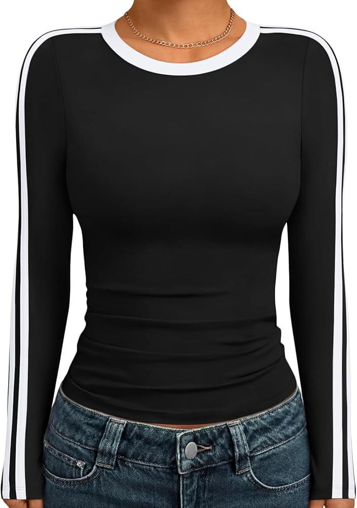 Trendy Queen Long Sleeve Workout Tops for Women Y2K Fitted Athletic Gym Shirt Trendy Color Block ... | Amazon (US)