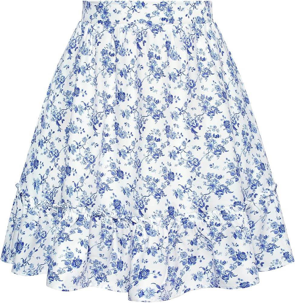 Belle Poque Women Floral Print Mini Skirt Vintage High Waist A-Line Skater Skirt | Amazon (UK)