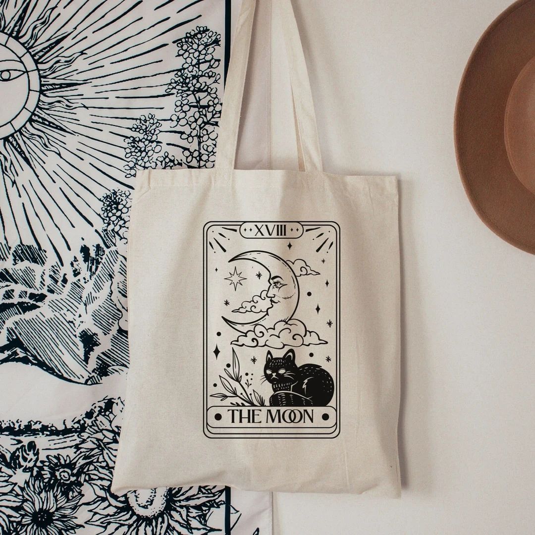 The moon tarot card tote bag, Cat tote bag, Celestial tote bag, Witchy tote bag, Tote bag spiritu... | Etsy (US)