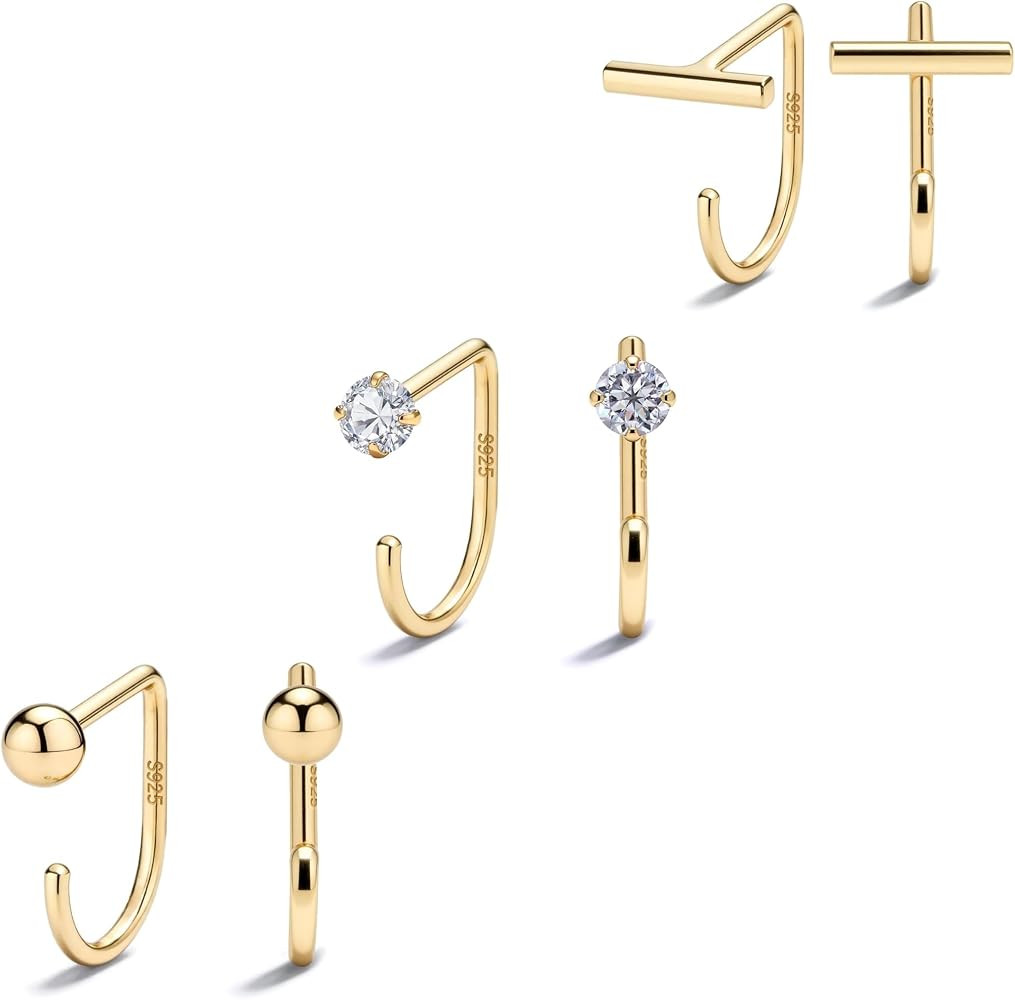 925 Sterling Silver 14K Gold Plated Huggie Half Hoop Earrings \u2014 Sleep-Friendly Poke-Free Hyp... | Amazon (US)