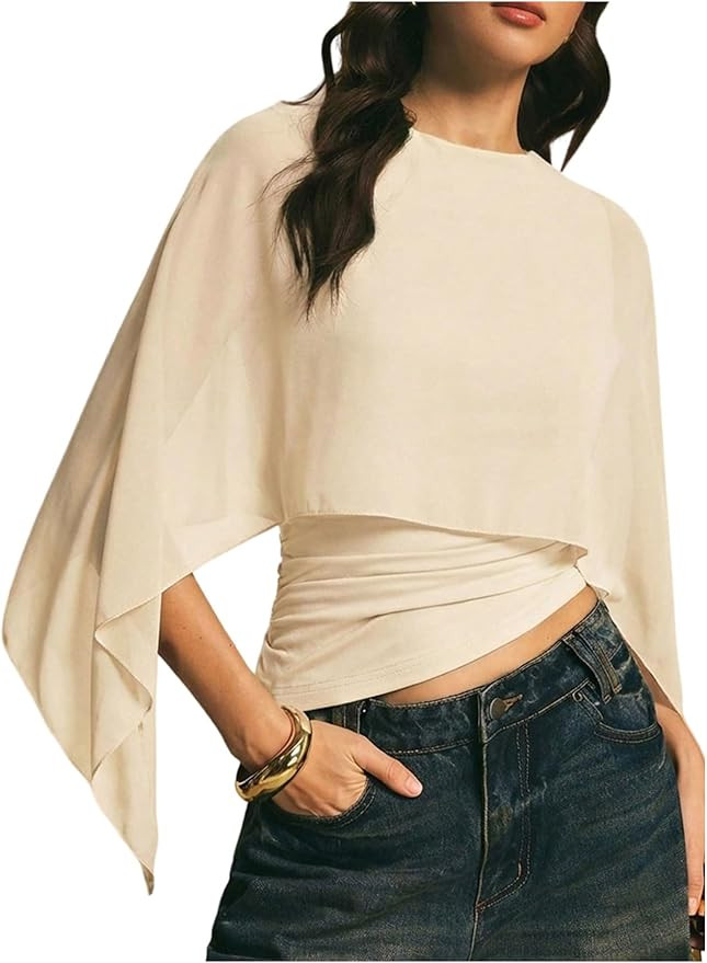 MakeMeChic Women's Asymmetrical Crop Tops Dressy Blouse Chiffon Mesh Sheer Summer Going Out Tops | Amazon (US)