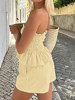 Women 2 Piece Outfits Ruffle Stripe Shorts Set 2026 Summer Off Shoulder Smocked Crop Top Mini Sho... | Amazon (US)
