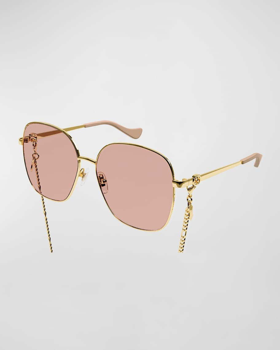 Gucci Square Metal & Acetate Sunglasses w/ Chain Strap | Neiman Marcus