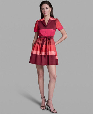 BCBG Women's Short-Sleeve Wide Lapel Cotton Stripe Mini Shirt-Dress - Macy's | Macy's