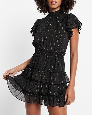 Metallic Mock Neck Short Sleeve Ruffle Tiered Mini Dress Black Women's L | Express
