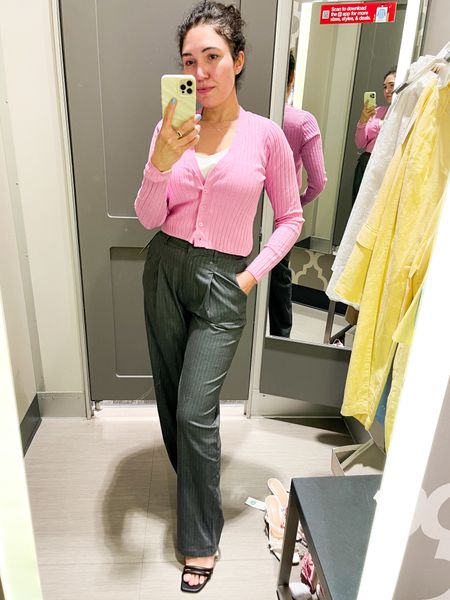 Target spring outfit - cardigan in size M, pants in size 2. Pink sweater, pink top, pink cardigan, pinstripe pants, work outfit, workwear, spring outfit, black sandals, wide leg trousers 

#LTKstyletip