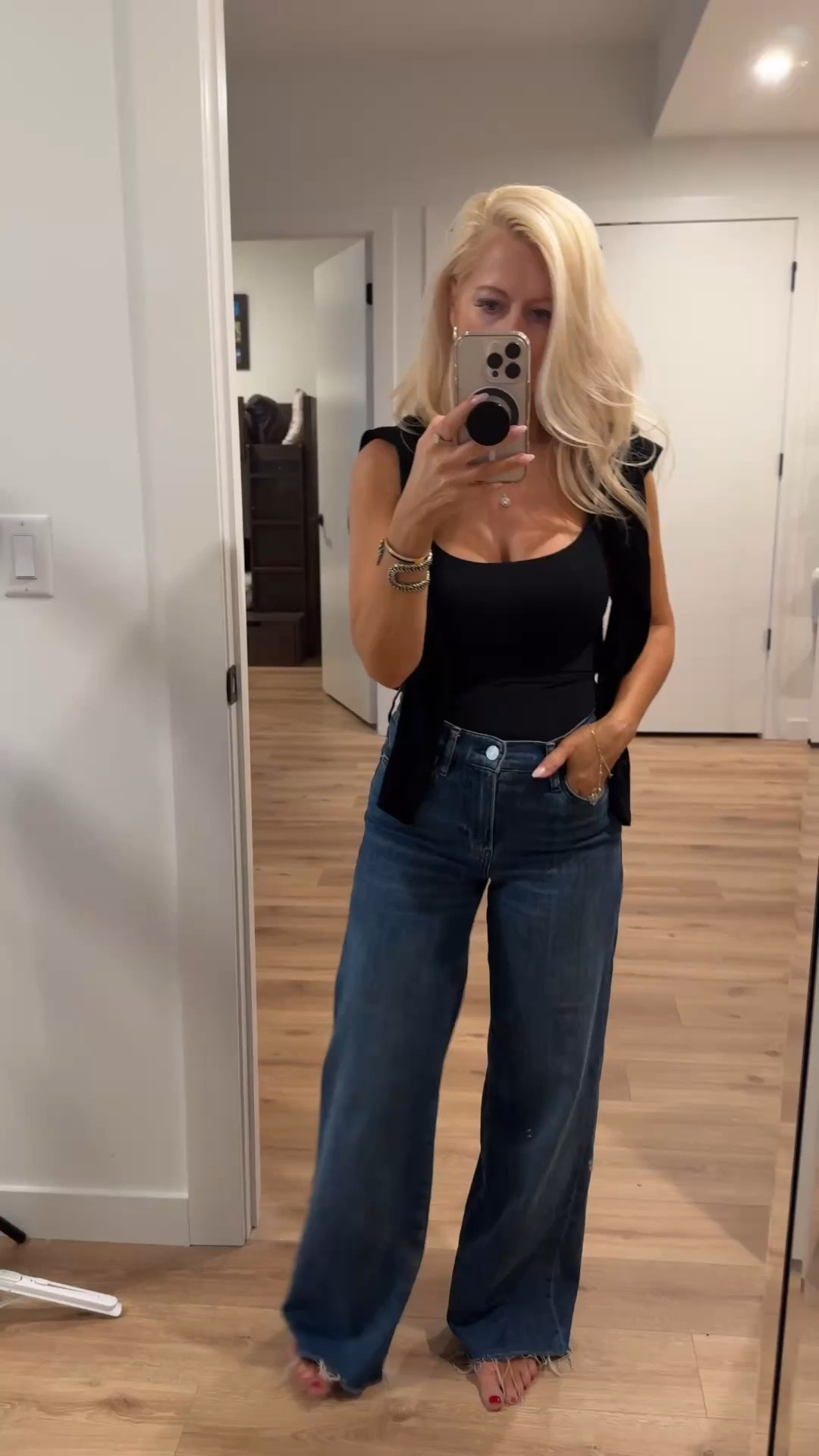 Casual outfit of the night 
Black tank top with adjustable straps and built in bra
Wide leg jeans

#LTKootd #LTKmomlife #LTKPetite