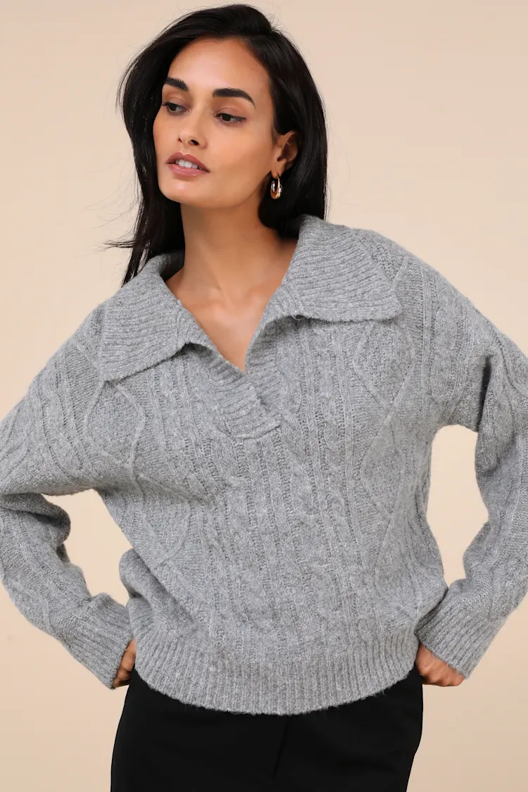 Cozy Conclusion Heather Grey Cable Knit Collared Sweater | Lulus
