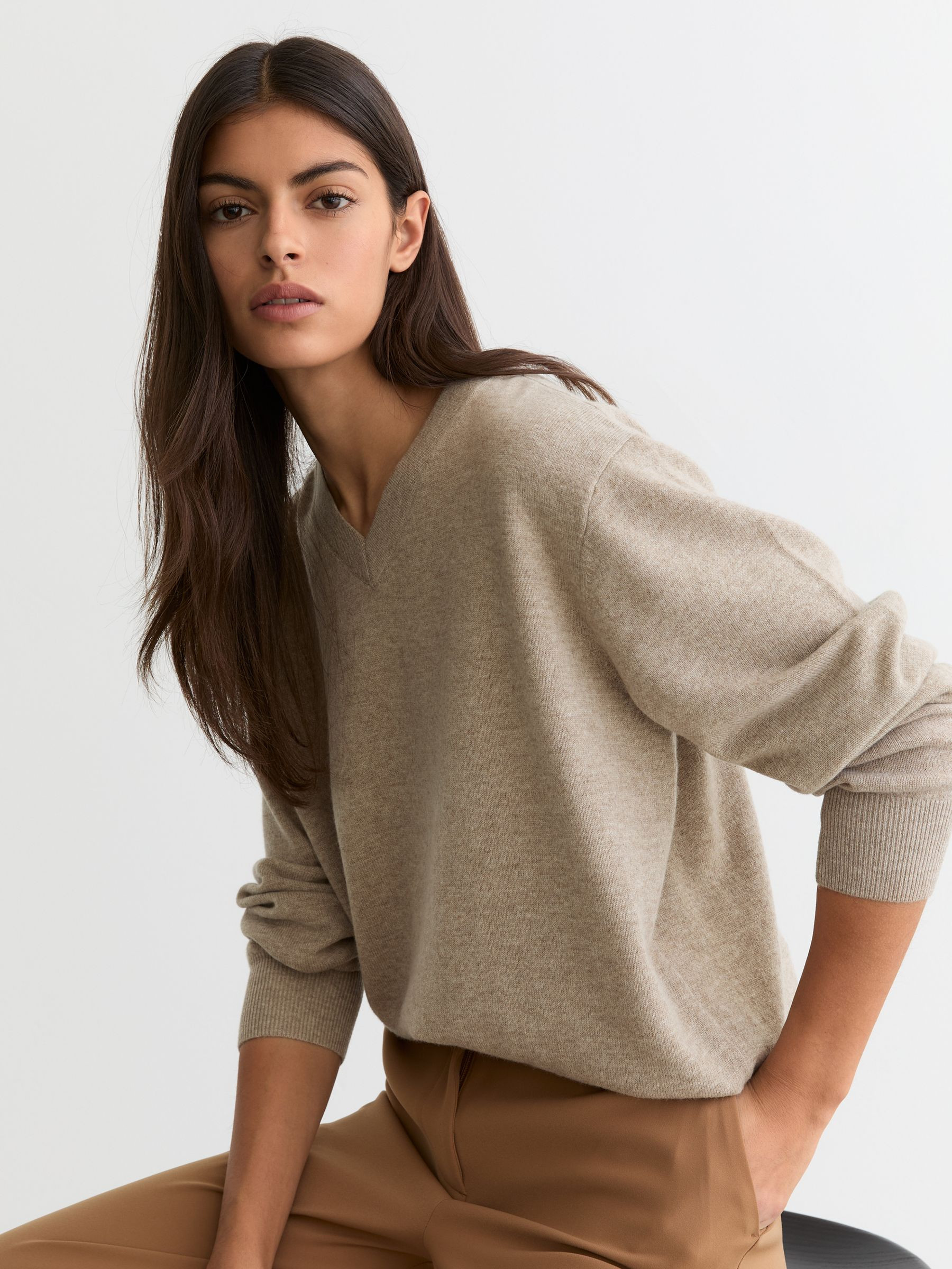 Reiss Wool-Cashmere V-Neck Jumper in Taupe Neutral | REISS | Reiss DE