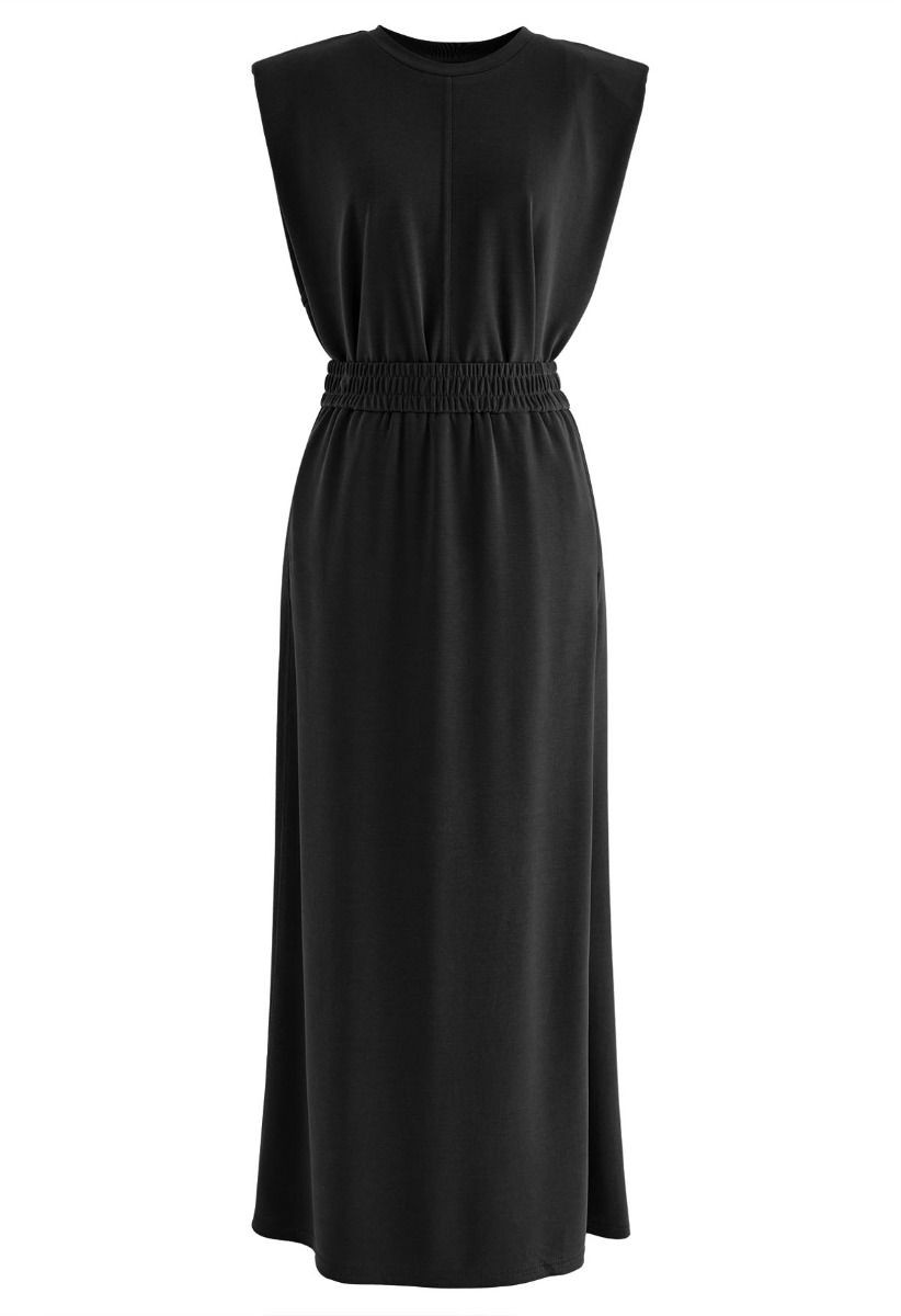 Effortless Pad Shoulder Sleeveless Top and Maxi Skirt Set in Black | Chicwish
