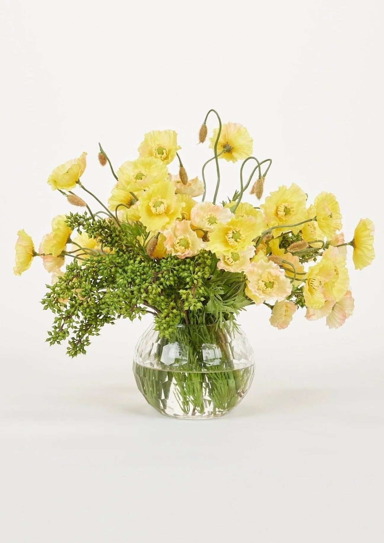 Yellow Faux Poppy Arrangement in Glass Vase - 13" | Afloral