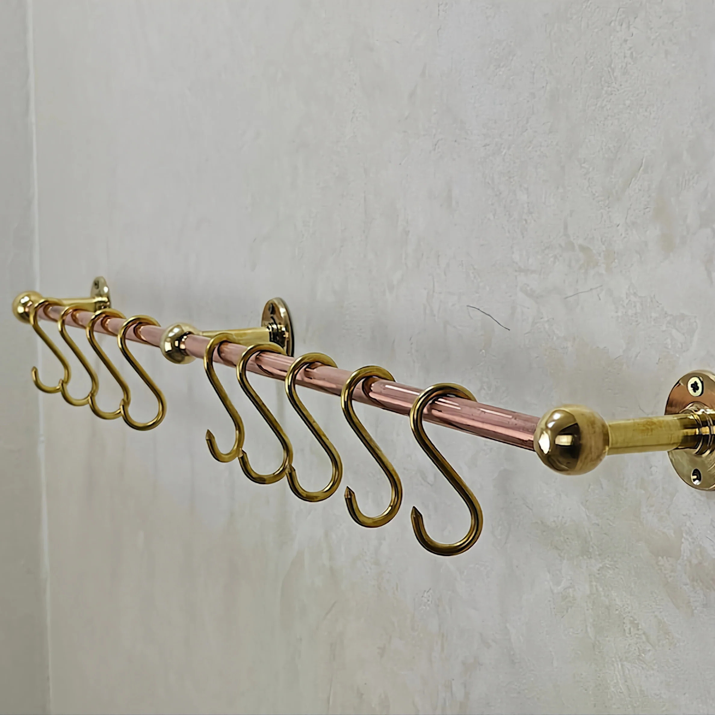 Rebrilliant Handmade Kitchen Rail Rack With Hooks Unlacquered Copper And Brass Wall Storage Organ... | Wayfair North America