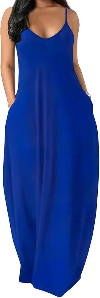 OFEEFAN Women's Maxi Dresses Summer Spaghetti Strap Dress with Pockets | Amazon (US)