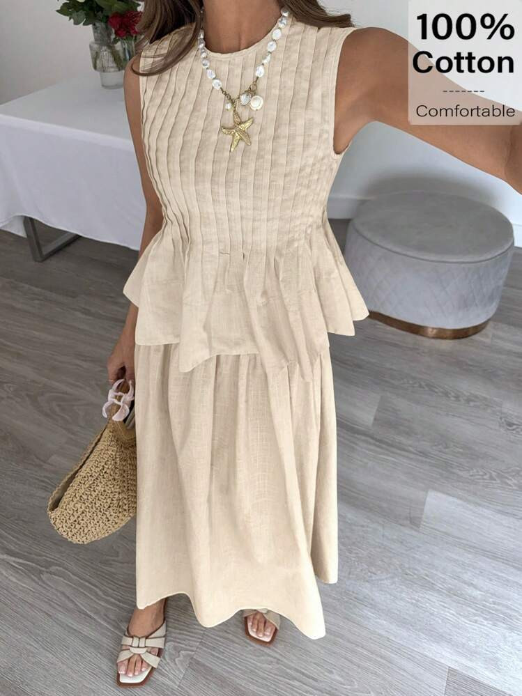 Siren Gaze Luxury A-Line Heavy Pleated Wrinkle-Resistant Skirt Beige Dress For Women Linen Dress Summer Elegant Dress Cottage Core Dress Linen Two Piece Set | SHEIN