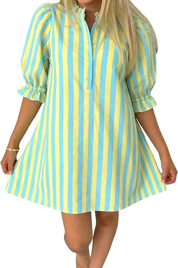 Womens Striped Babydoll Mini Dress Casual Puff Sleeve Boho Sundress | Half Button Collar, Cute Sh... | Amazon (US)