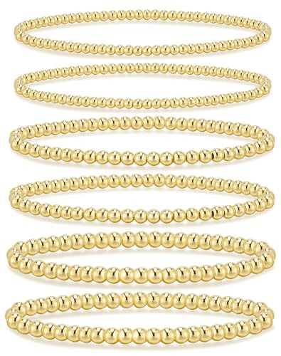 adoyi Gold Bracelets for Women, Stretch Gold Beaded Bracelets for Women14K Gold Plated Stackable Bracelets Bead Ball Bracelet stack Set Strand Bracelet Adjustable Gold Jewelry for Women Gift | Amazon (US)
