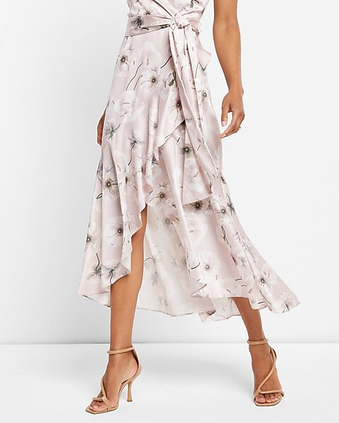 Floral Print Satin Faux Wrap Ruffle Hi-Lo Maxi Dress | Express