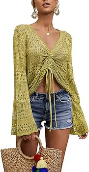 Saodimallsu Womens Bell Sleeve Tops Oversized V Neck Shirts Flowy Crochet Sexy Tie Front Ruched R... | Amazon (US)