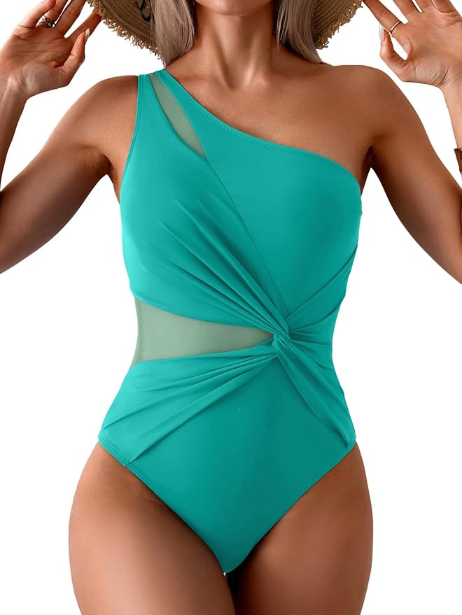 One Shoulder One Piecce Swimsuit for Women Mesh Tummy Control Bathing Suit Twist Swimwear | Amazon (US)