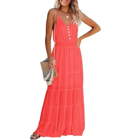 PRETTYGARDEN Women's Casual Summer Dress Spaghetti Strap Sleeveless High Waist Beach Long Maxi Sun Dresses | Walmart (US)