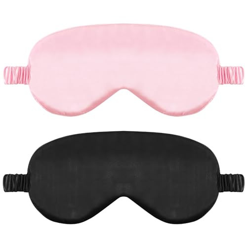 2 Pack Sleep Mask Silk Eye Mask Cover for Sleeping, Soft Satin Blindfold with Elastic Strap, Blocks Light and Reduces Puffy Eyes, Comfortable Night Sleeping Mask for Women Men (Black&Pink) | Amazon (US)