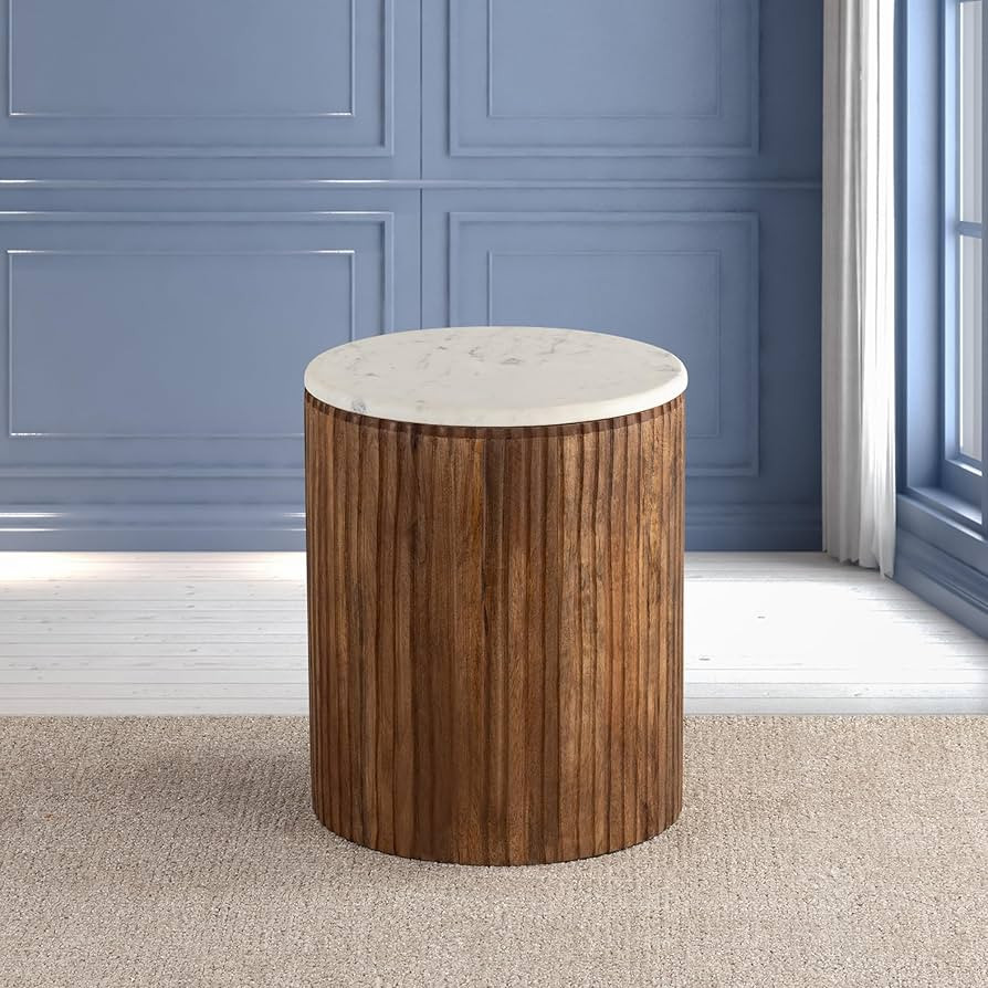Round Marble Top Solid Mango Wood Decorative Cylindrical Base Side/End Table, Brown | Amazon (US)